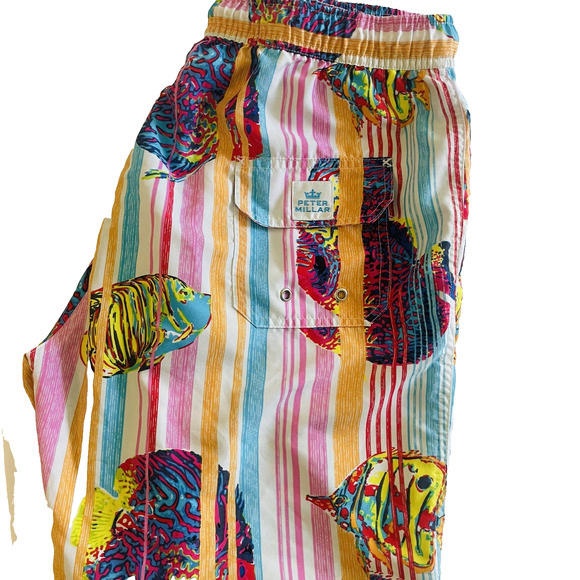 Peter Millar Swim Trunks Lined Fish Striped Print Shorts 8” Inseam Size Large - Picture 2 of 7